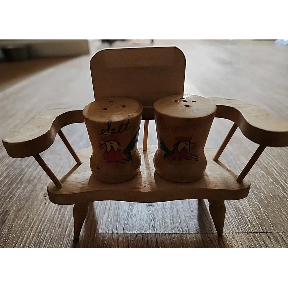 Vintage Wooden Bench Salt & Pepper Shaker Set Japan Hand Painted Roosters MCM